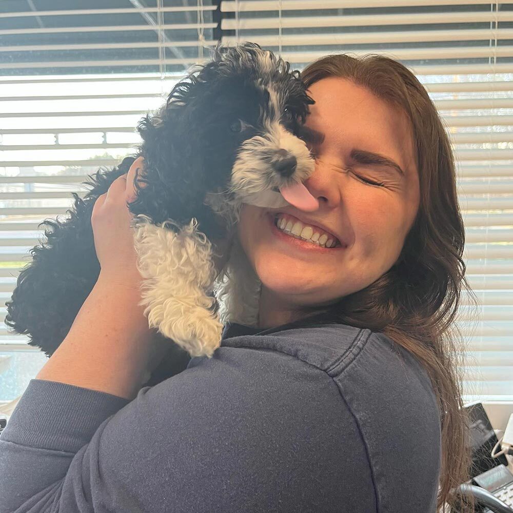 Small Fluffy Black And White Dog Licking Vet Techs Face